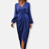 Damen Wickelkleid mit V-Ausschnitt und Ballonärmeln – Blau