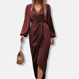 Damen Wickelkleid mit V-Ausschnitt und Ballonärmeln – Burgund