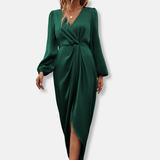 Damen Wickelkleid mit V-Ausschnitt und Ballonärmeln – Grün