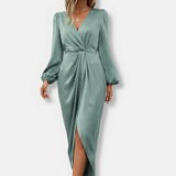 Damen Wickelkleid mit V-Ausschnitt und Ballonärmeln – Hellgrün
