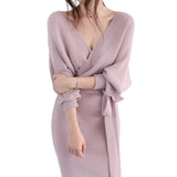 Damen Wickelstrickkleid mit V-Ausschnitt und Bindegürtel – Hellrosa