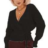 Damen Wickelstrickpullover mit V-Ausschnitt und Bindegürtel – Schwarz