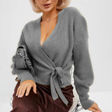 Damen Wickelstrickpullover mit V-Ausschnitt und Bindegürtel – Grau