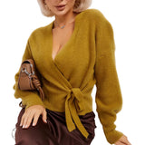 Damen Wickelstrickpullover mit V-Ausschnitt und Bindegürtel – Kamel