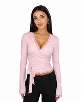 Damen Wickeltop mit langen Ärmeln, Spitzenbesatz und seitlichem Bindeband – Rosa