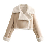 Damen Winterjacke für Frauen mit Reißverschluss Reverskragen und Flauschbündchen – Beige