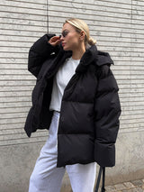 Damen-Winterjacke mit Kapuze und Reißverschluss vorne – Schwarz