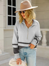 Damen Zip-Up Strickpullover mit Streifenmuster langärmelig – Grau