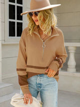 Damen Zip-Up Strickpullover mit Streifenmuster langärmelig – Khaki