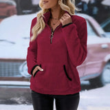 Damen Zipper Pullover mit praktischem Kängurutasche – Burgunderrot