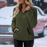 Damen Zipper Pullover mit praktischem Kängurutasche – Olivgrün