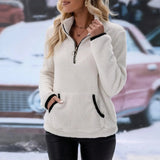 Damen Zipper Pullover mit praktischem Kängurutasche – Schneeweiß