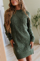 Damen Zopfmuster Strickkleid mit V-Ausschnitt und überschnittenen Schultern – Grün