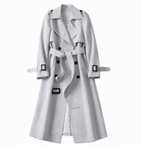Damen Zweireihiger Trenchcoat mit Gürtel und Reverskragen sowie Ärmelriemen – Grau