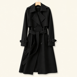 Damen Zweireihiger Trenchcoat mit Gürtel und Reverskragen sowie Ärmelriemen – Schwarz