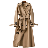 Damen Zweireihiger Trenchcoat mit Gürtel und Reverskragen sowie Ärmelriemen – Khaki
