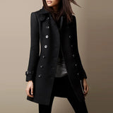 Damen Zweireihiger Trenchcoat mit Knopfdetails – Schwarz