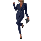 Damen-Zweiteiler mit tailliertem Blazer und Hose mit geradem Bein – Marineblau