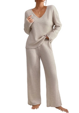 Damen Zweiteiler-Set aus gerippter Strickware – Beige