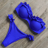 Damen Zweiteiliger Bikini mit Trägerlosem Oberteil Volants und Bindung am Rücken – Blau