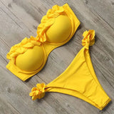 Damen Zweiteiliger Bikini mit Trägerlosem Oberteil Volants und Bindung am Rücken – Gelb