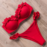 Damen Zweiteiliger Bikini mit Trägerlosem Oberteil Volants und Bindung am Rücken – Rot