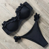Damen Zweiteiliger Bikini mit Trägerlosem Oberteil Volants und Bindung am Rücken – Schwarz