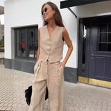 Damen zweiteiliges Set mit ärmellosem Oberteil V-Ausschnitt Knopfleiste und weiter Hose – Khaki