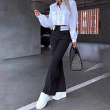 Damen Zweiteiliges Set mit Crop-Bluse Hemdkragen Brusttaschen und Schlaghose mit hohem Bund – Schwarz