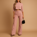 Damen Zweiteiliges Set mit Kurzem Langarm-Oberteil und Gerade Geschnittener Hose – Rosa