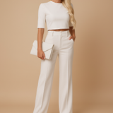 Damen Zweiteiliges Set mit Kurzem Langarm-Oberteil und Gerade Geschnittener Hose – Weiß