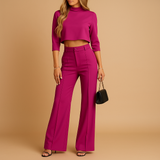 Damen Zweiteiliges Set mit Kurzem Langarm-Oberteil und Gerade Geschnittener Hose – Lila