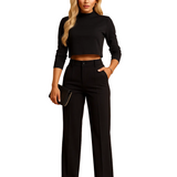 Damen Zweiteiliges Set mit Kurzem Langarm-Oberteil und Gerade Geschnittener Hose – Schwarz