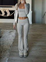 Damen Zweiteiliges Set mit Langarm-Crop-Top quadratischem Ausschnitt hohem Bund und Schlaghose – Hellgrau