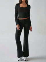 Damen Zweiteiliges Set mit Langarm-Crop-Top quadratischem Ausschnitt hohem Bund und Schlaghose – Schwarz
