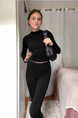 Damen Zweiteiliges Set mit Langarm-Crop-Top Rundhalsausschnitt und Schlaghose mit hohem Bund – Schwarz
