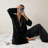 Damen Zweiteiliges Set mit Langarmhemd und weiter Hose – Schwarz
