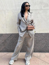 Damen Zweiteiliges Set mit Langem Blazer Reverskragen Bindegürtel und Weiter Hose – Grau