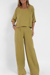 Damen Zweiteiliges Set mit Rundhals-Oberteil Halblangen Ärmeln und Weiter Hose mit Hohem Bund – Khaki