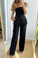 Damen Zweiteiliges Set mit Trägerlosem Oberteil Asymmetrischer Knopfleiste und Weiter Hose – Schwarz