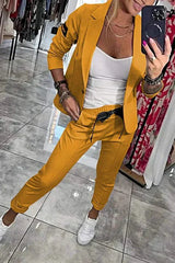 Damen Zweiteiler Anzug mit Joggerhose und Blazer für Alltag – Gelb