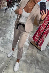 Damen Zweiteiler Anzug mit Joggerhose und Blazer für Alltag – Khaki