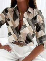 Damen Bluse mit Blattmuster und Dreiviertelärmeln – Aprikose