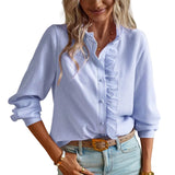 Damenbluse mit langen Ärmeln, Rüschen und Knopfleiste – Blau