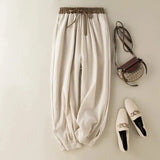 Damenhose mit elastischem Bund, Kordelzug, schmal zulaufendem Bein und Bündchen – Beige