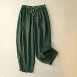 Damenhose mit hohem Bund, geradem Bein, Kordelzug und Seitentaschen – Dunkelgrün