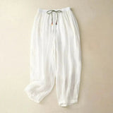 Damenhose mit hohem Bund, geradem Bein, Kordelzug und Seitentaschen – Weiß