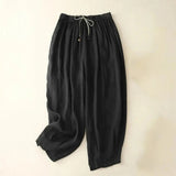Damenhose mit hohem Bund, geradem Bein, Kordelzug und Seitentaschen – Schwarz