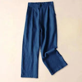 Damenhose mit hohem Bund, weitem Bein, Frontfalten und Seitentaschen – Marineblau