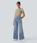 Damenhose mit hohem elastischem Bund und weitem Bein – Hellblau